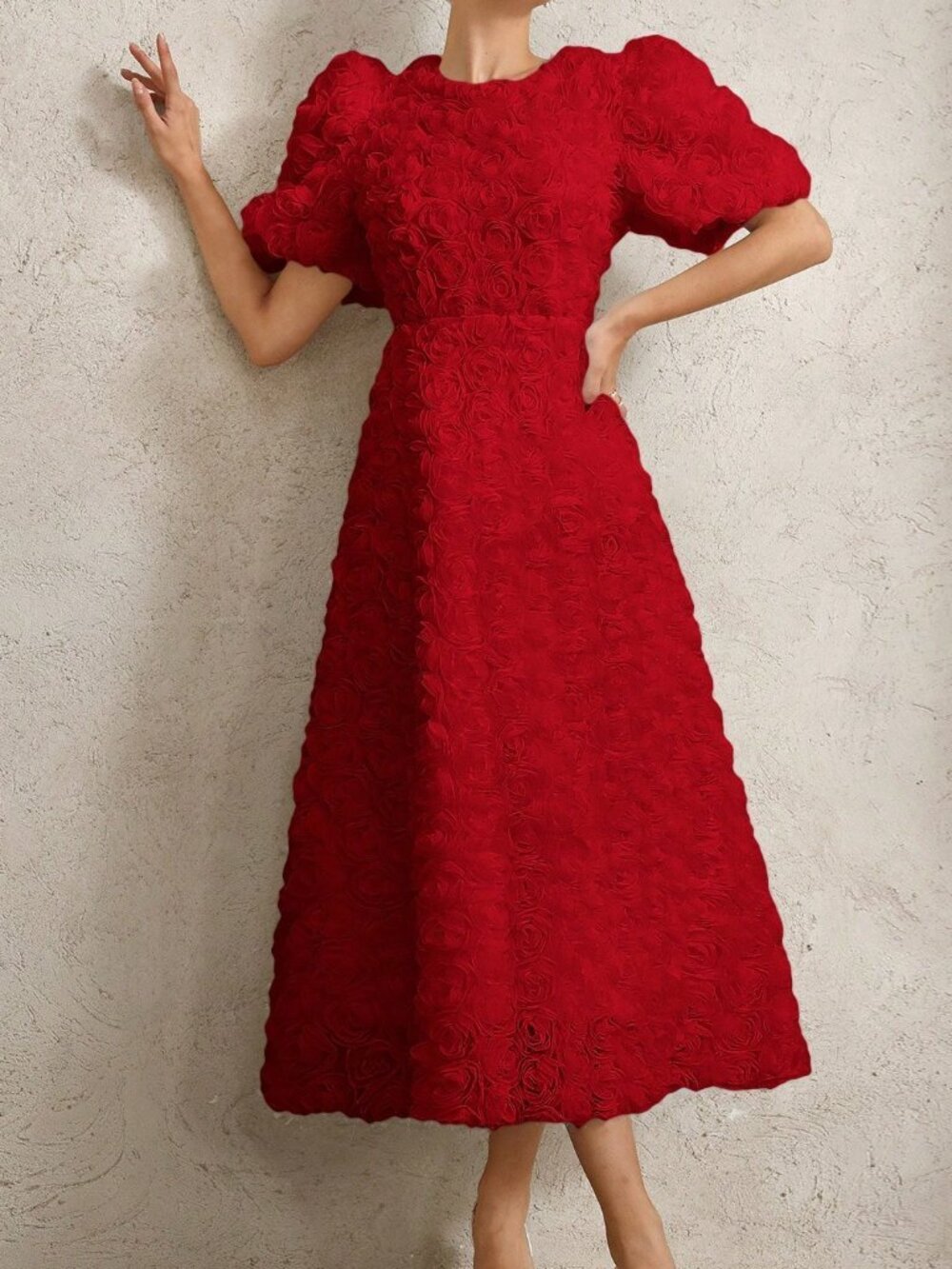 Red Elegant French Women's 3D Floral V-Neck Petal Sleeve Cinched Waist Dress - Picture 6 of 6